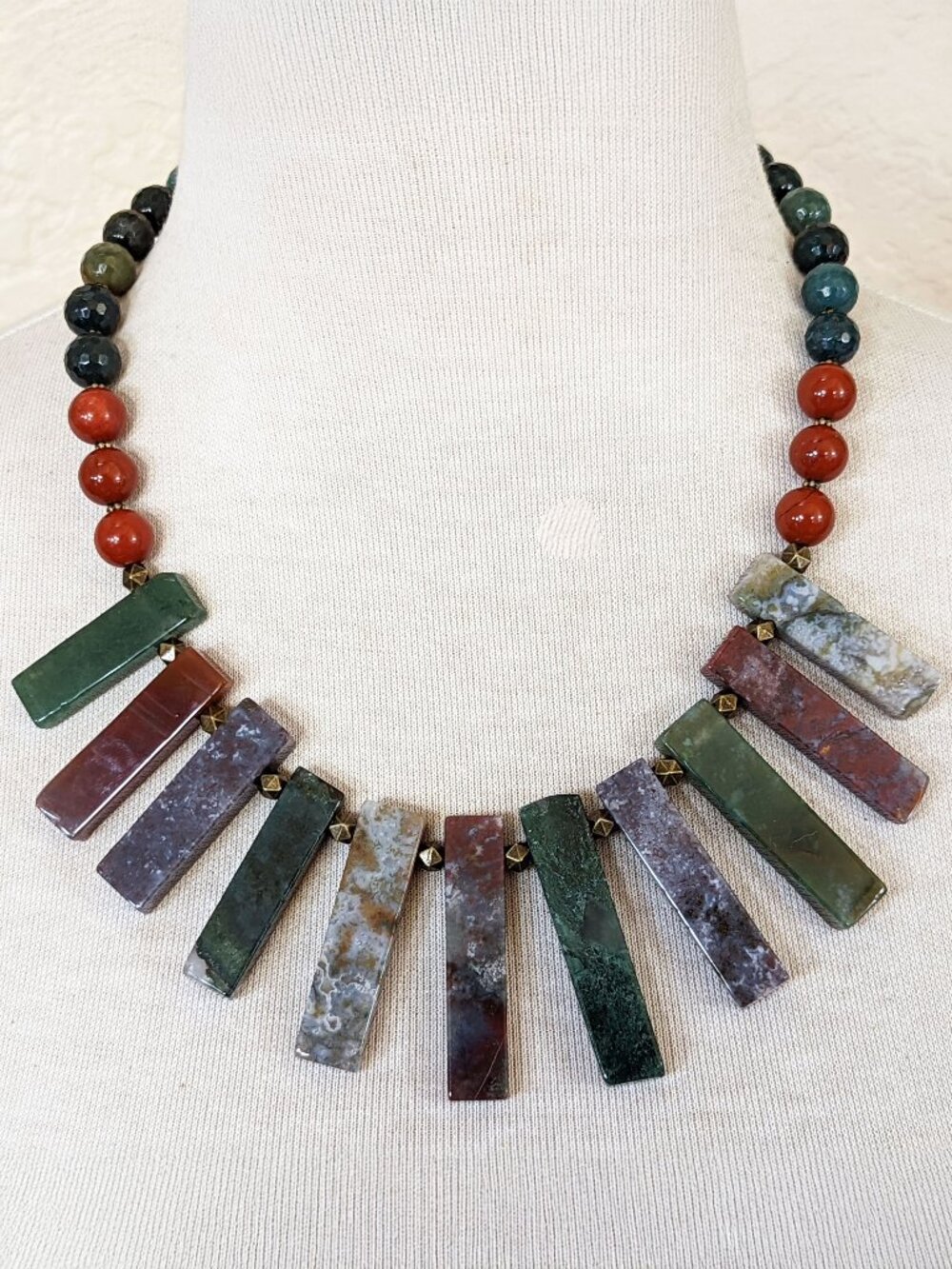 Southwestern Forest Green & Red Jasper Rustic Bib Statement Necklace